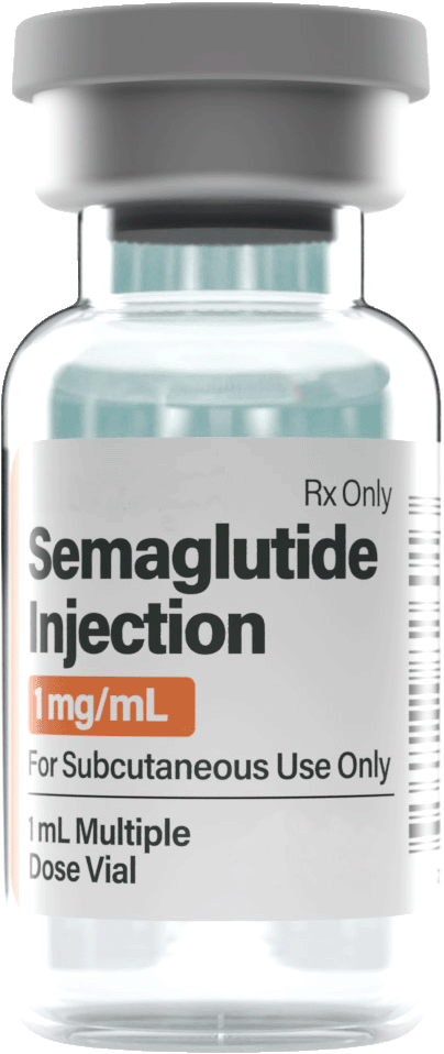 Vial of prescription Semaglutide Injection 1mg/mL. The label reads: For Subcutaneous Use Only.