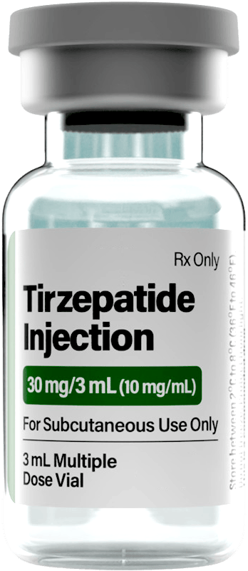 Vial of prescription Tirzepatide Injection 10mg/mL. The label reads: For Subcutaneous Use Only.