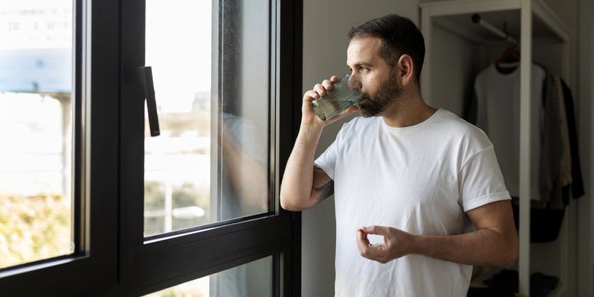 Un hombre con una camiseta blanca mira por la ventana mientras sostiene una pastilla con la mano izquierda y bebe un vaso de agua con la derecha