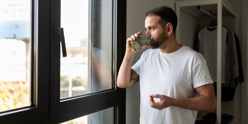 Un hombre con una camiseta blanca mira por la ventana mientras sostiene una pastilla con la mano izquierda y bebe un vaso de agua con la derecha