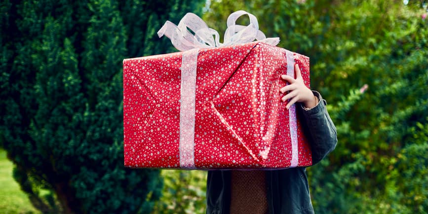 A color outdoor photograph of a child standing in front of evergreen trees, holding a large Christmas gift up so that it blocks their face.