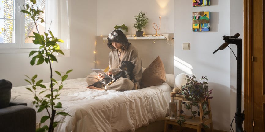A dreamy indoor photo of a young Asian woman wearing pajamas, sitting on her made bed in a bedroom with plants and artwork, looking down into a book as a dachshund sits on her lap and looks up at her.