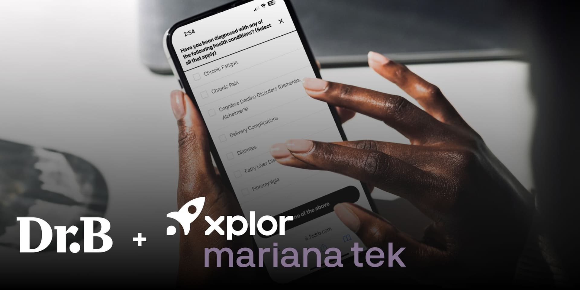 A closeup photograph of a Black woman's hand with manicured fingernails navigating Dr. B's online medical consultation on her phone, and the logos for Dr. B and Xplore Mariana Tek