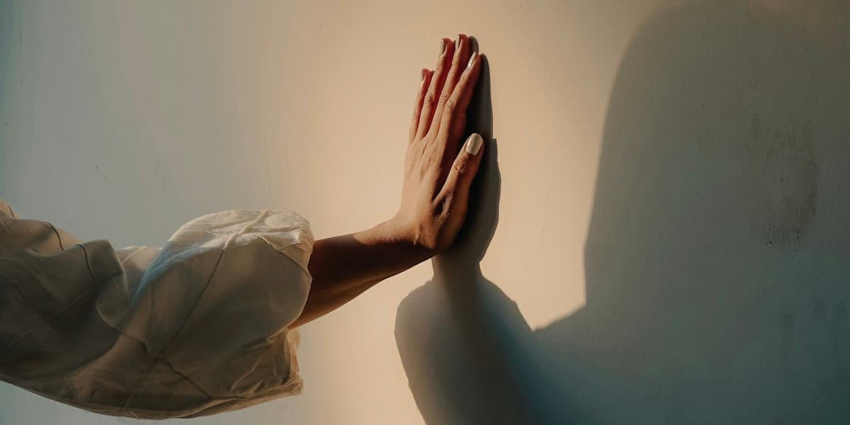 A muted photo of a white woman's arm in a gauzy shirt, and her hand resting on a wall, with her shadow visible against the pink light.