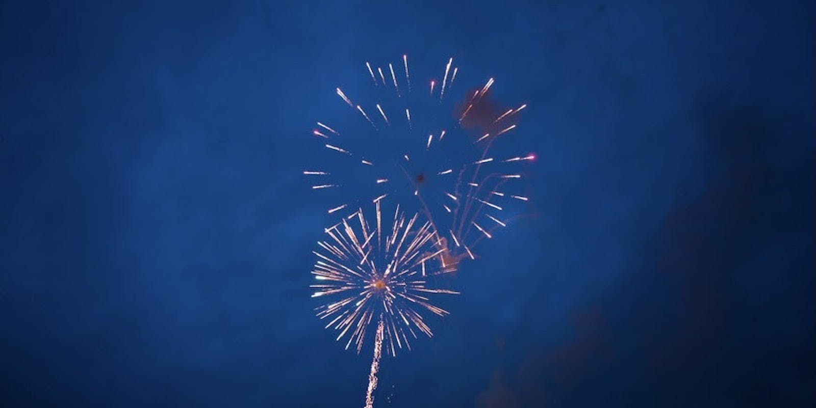 A photograph of a dark blue sky with two fireworks mid-explosion at center.