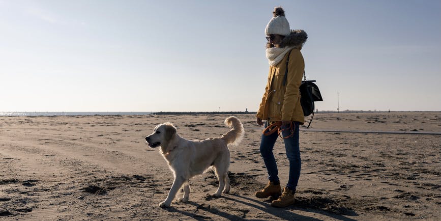 A color outdoor photograph of a woman fully covered in winter clothing walking on a winter beach with her dog, a golden retriever