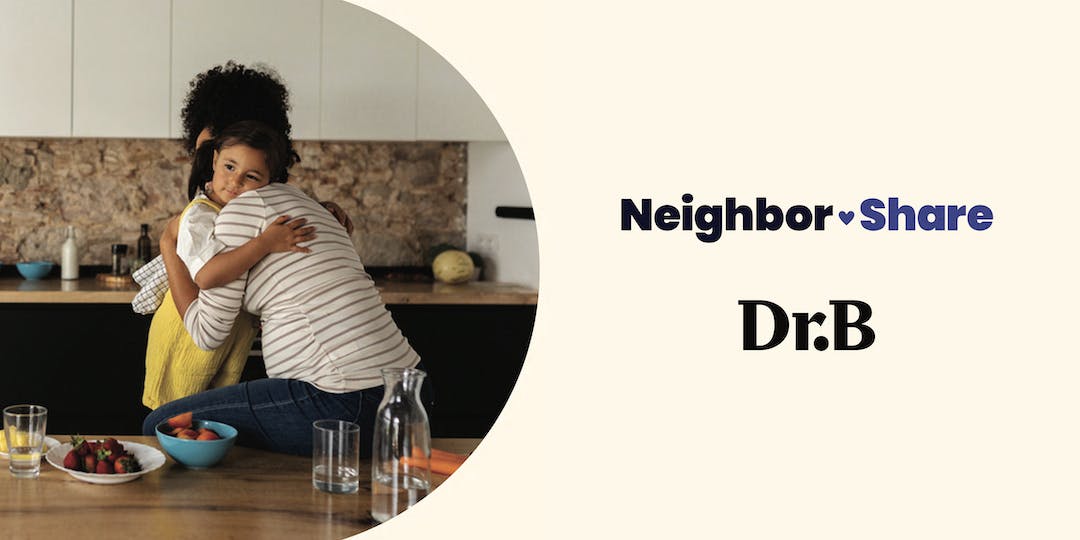 A banner image where a photo on the left shows a young Black mother embracing her toddler daughter in a kitchen. On the right are the words NeighborShare Dr. B.