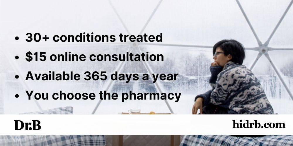 A banner ad for Dr. B's $15 online health visits features a young woman looking out a large window at a snowy landscape