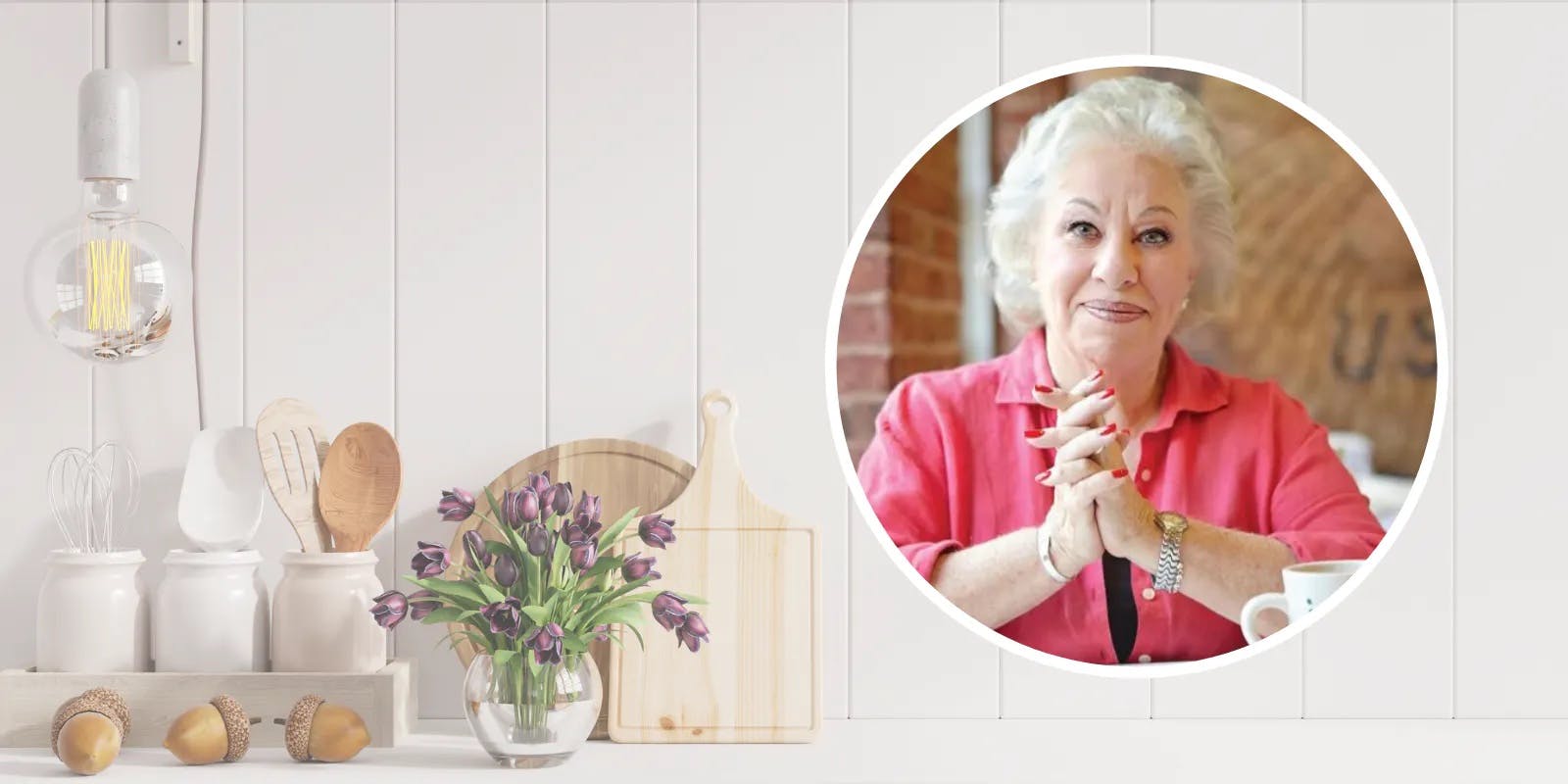 A profile picture of former chef and post polio patient Ina Pinkney within a photo of a purple hued kitchen.