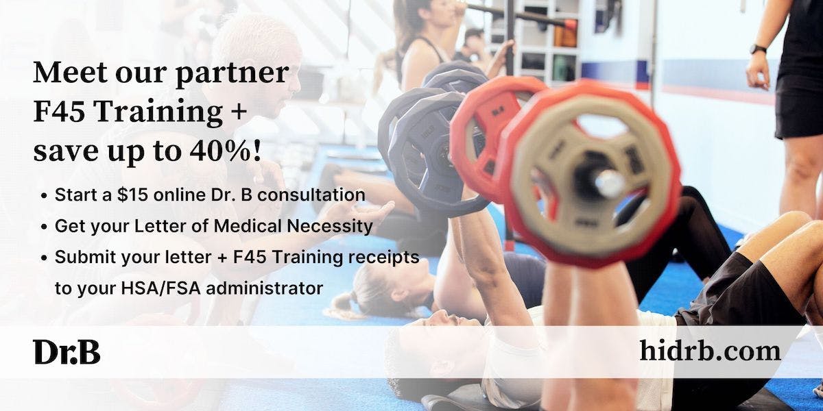 A banner ad for Dr. B and F45 Training partnership to help qualifying members get a Letter of Medical Necessity online and save on F45 Training fees by using their HSA or FSA funds