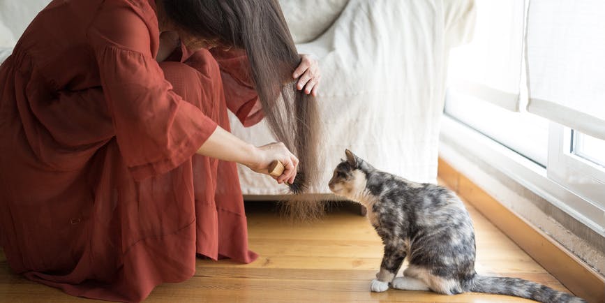 Una mujer que lleva un vestido largo rojo se pone en cuclillas en el suelo y se cepilla el largo cabello castaño mientras un pequeño gato multicolor lo mira con curiosidad.