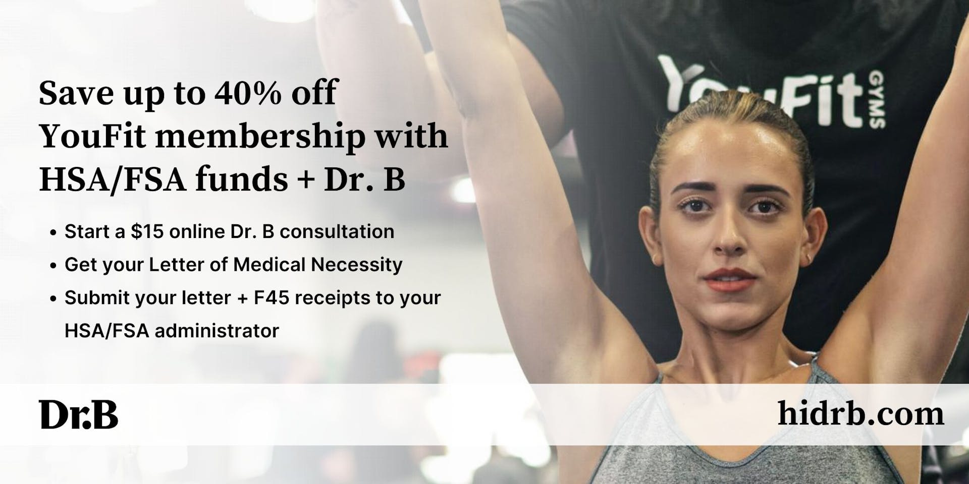A banner ad for Dr. B and YouFit Gyms features a young white woman at the gym with her arms held straight above her head, looking into the camera